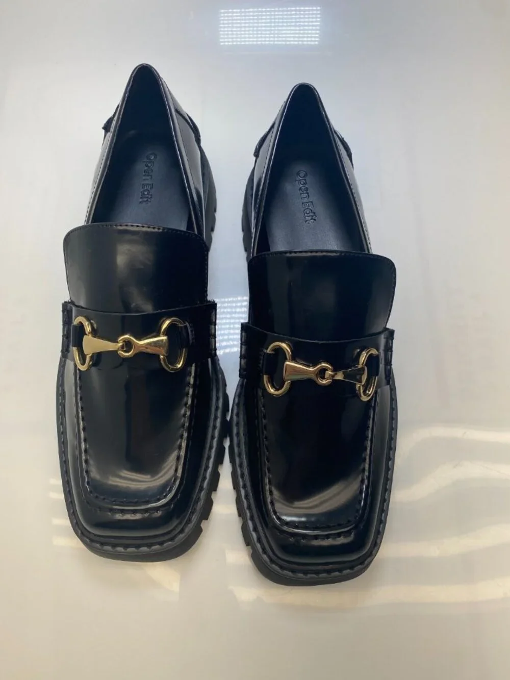 Open Edit Women's Black Lug Patent Leather Gold Hardware Loafer Sz 9m